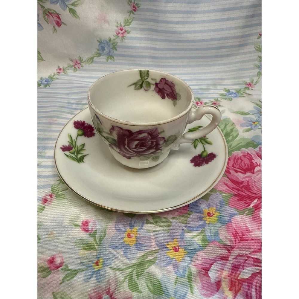 Vintage Made in Japan Teacup & Saucer‎ – Purple Rose Floral with Gold Trim